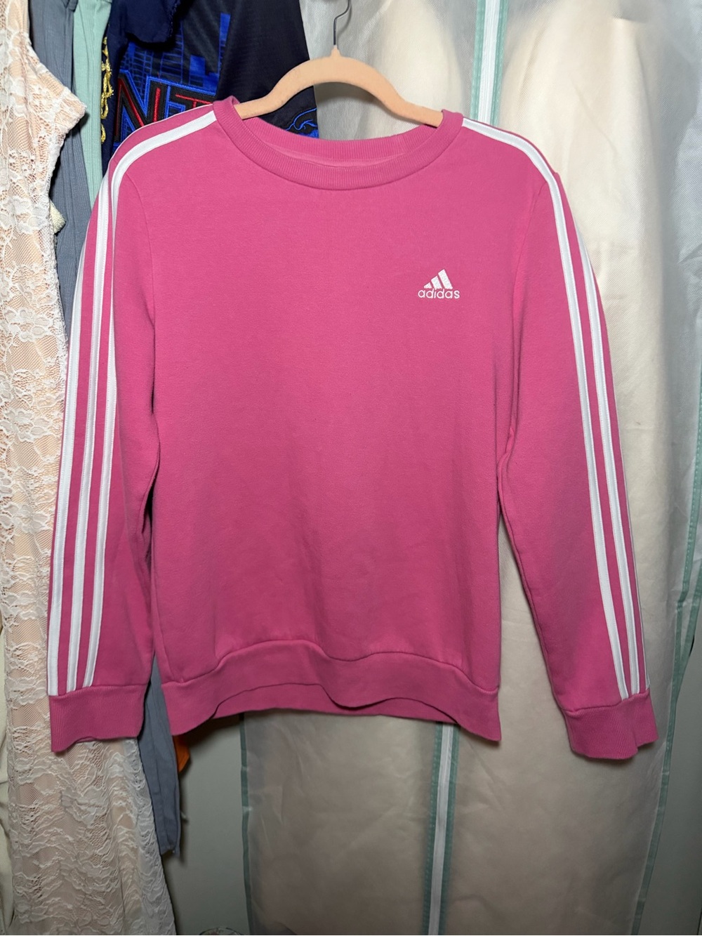 adidas Pink Crew Sweatshirt with White Sleeve Stripes